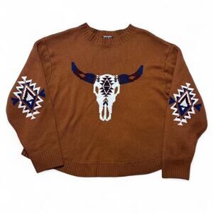 Wrangler Retro Western Aztec Cow Skull Knit Sweater Rust Orange Femme XL